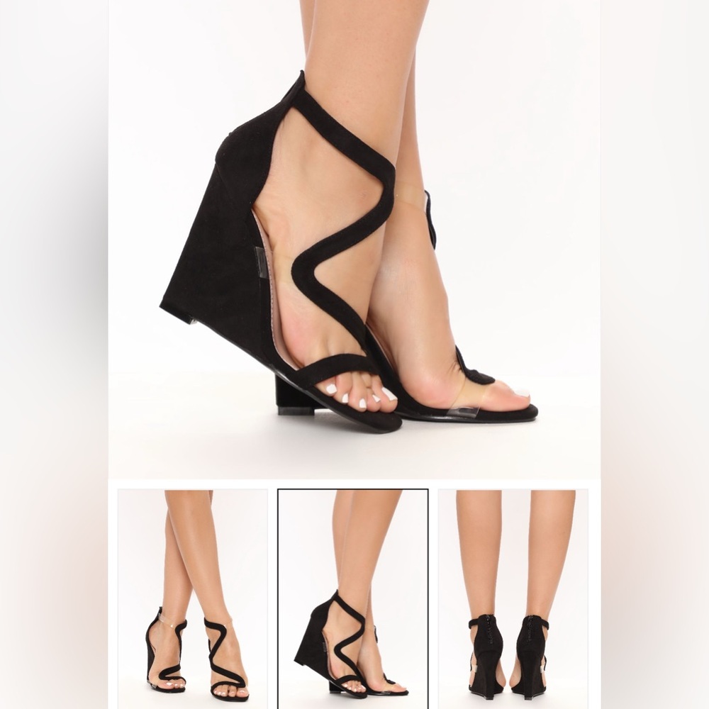 Fashion Nova Black Strappy Wedge Heels (Never Worn)
